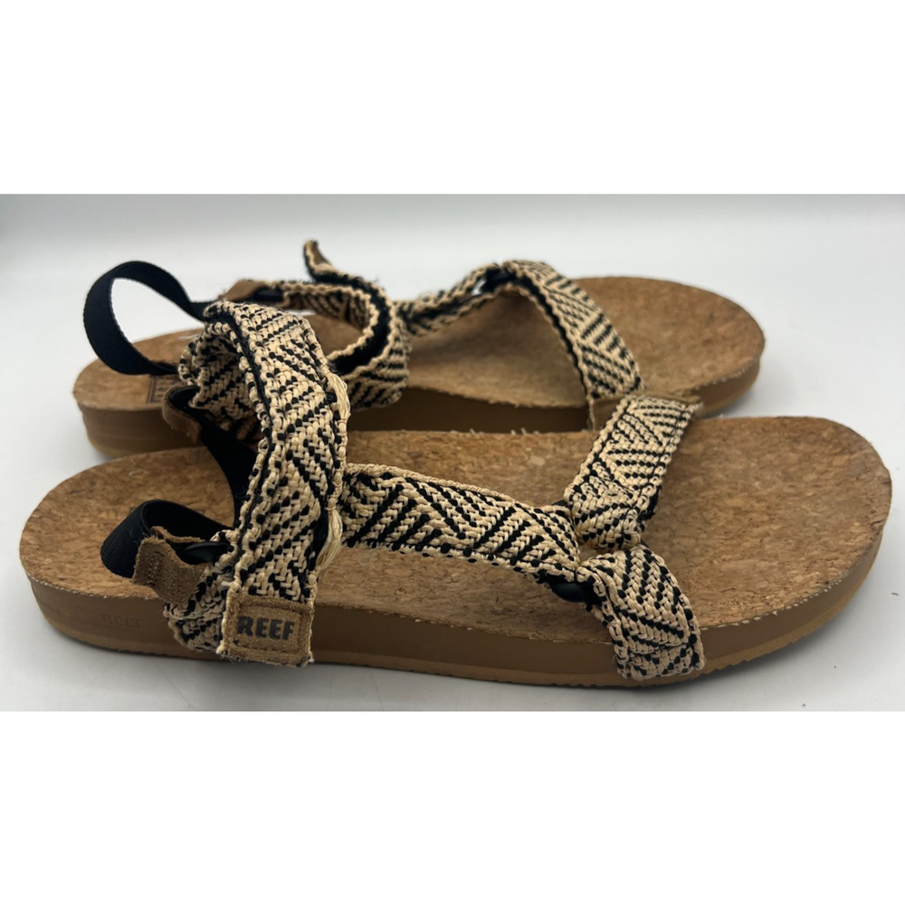 Reef Womens Size 10 Strappy Sandals Black Tan Woven Cork Footbed Adjustable - Picture 3 of 8